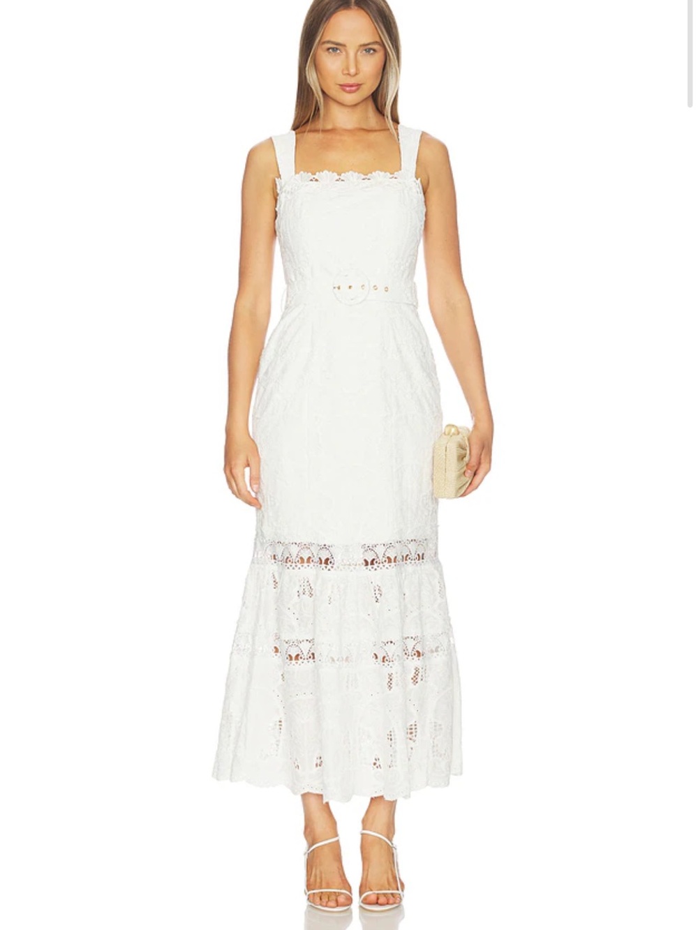 elliatt giovanna white broderie lace flare belted slim fit maxi dress small NEW